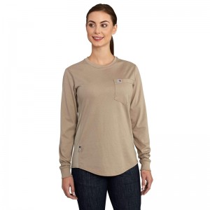 Koszulka Carhartt Flame-Resistant Force Cotton Long-Sleeve Crewneck Damskie Khaki | OHC-736209