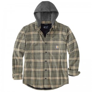 Kurtki Koszulowe Carhartt Rugged Flex® Relaxed Fit Flannel Fleece-Lined Hooded Męskie Oliwkowe | ABH-364290