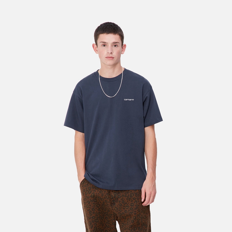 Koszulka Carhartt Script Embroidery Męskie Granatowe | PKF-098325