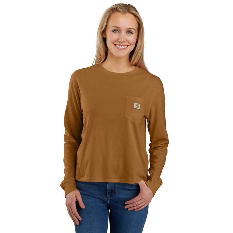 Koszulka Carhartt TENCEL™ Fiber Series Loose Fit Long-Sleeve Crewneck Pocket Damskie Brązowe | KQJ-914632