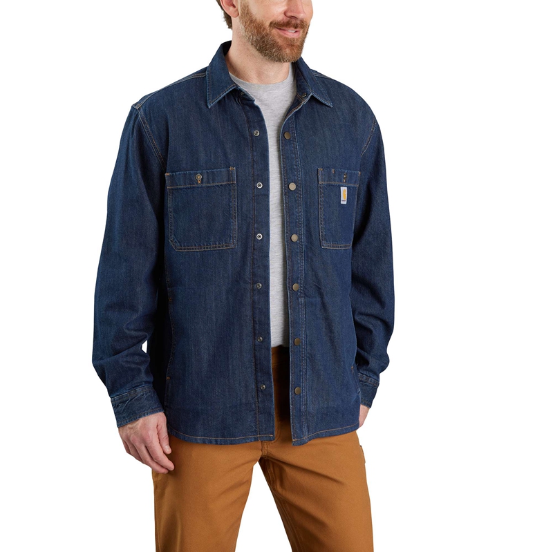 Kurtki Koszulowe Carhartt Relaxed Fit Denim Fleece Lined Snap-Front Męskie Granatowe | YHW-458710